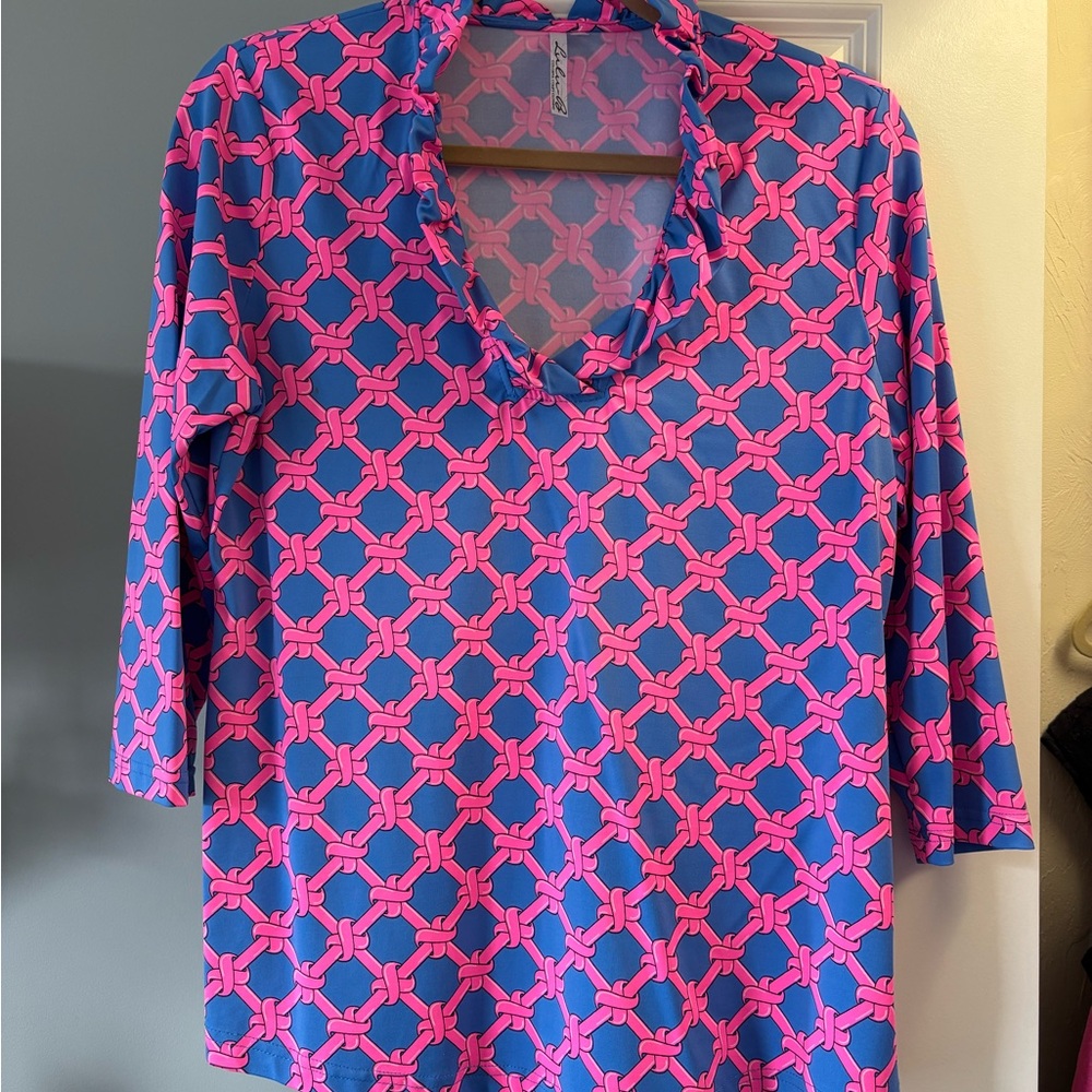 Lulu-B Pink and Blue Geometric Ruffle Collar Top